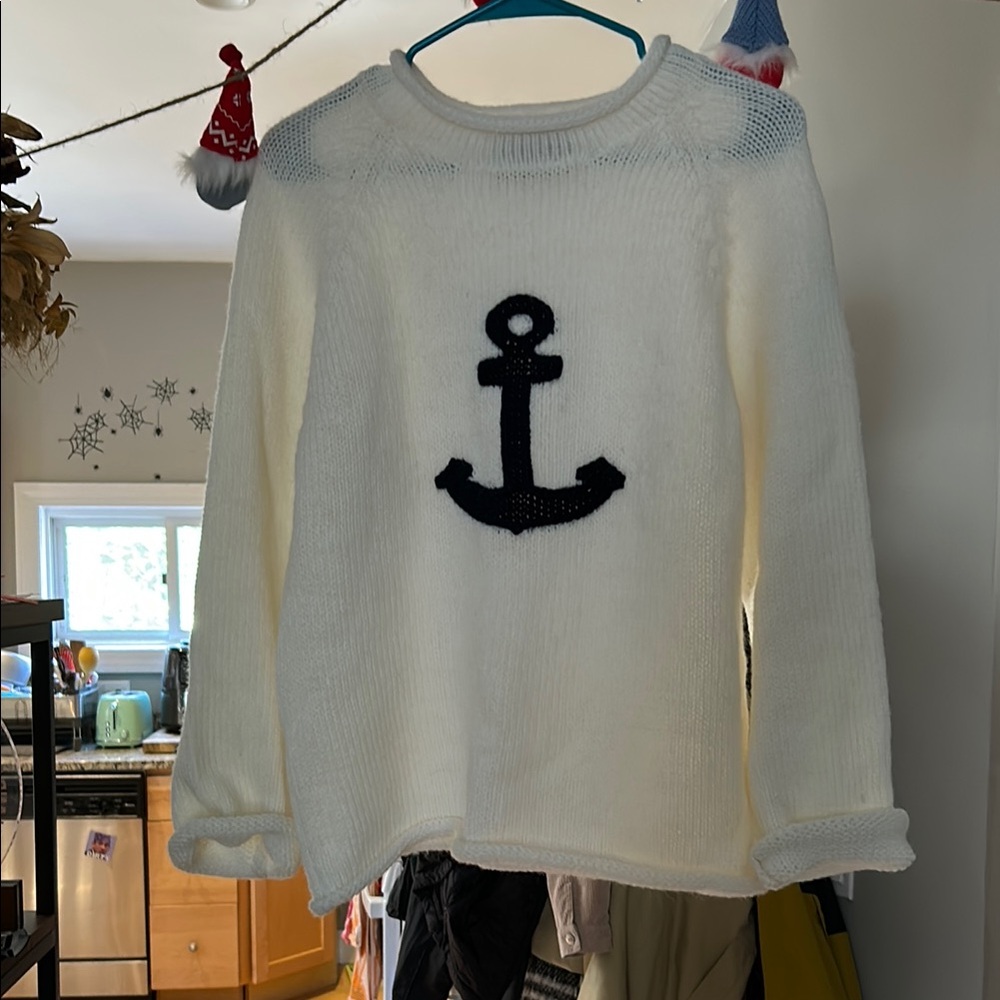 Black and White Crew Neck Sweater with Anchor Design